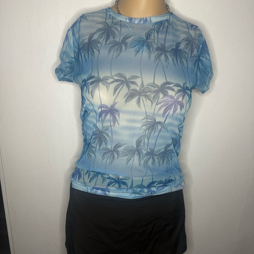 Vintage 90s Y2K Mesh Sheer Blue Hawaiian Top Baby Tee Sz Medium Stretch PalmTree